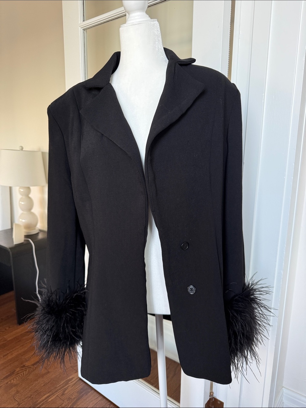 House of CB Black Feather-Cuff Women’s Coat